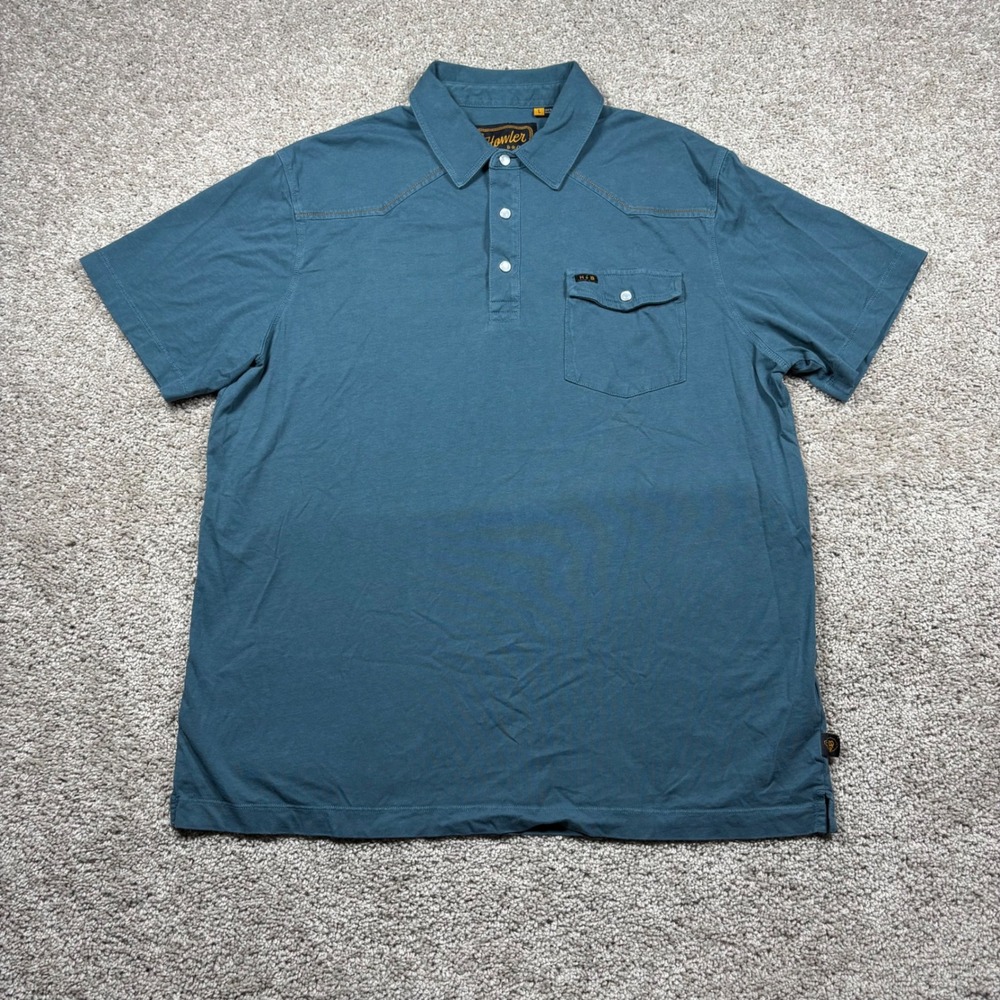 Howler Brothers Mens Ranchero Pearl Snap Polo Shirt Blue Western Large